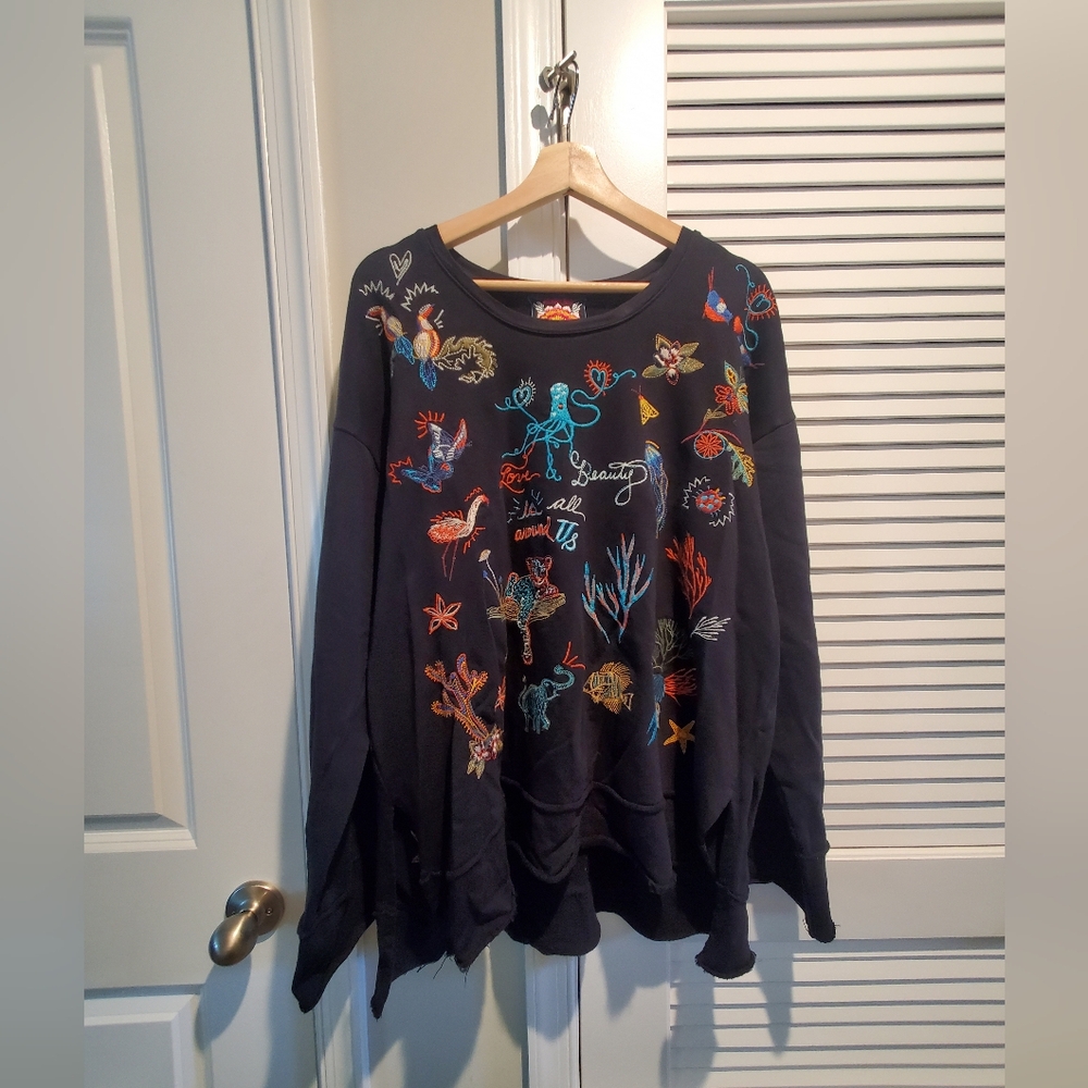 Johnny Was Ocean & Nature Inspired Embroidered Sweatshirt XL